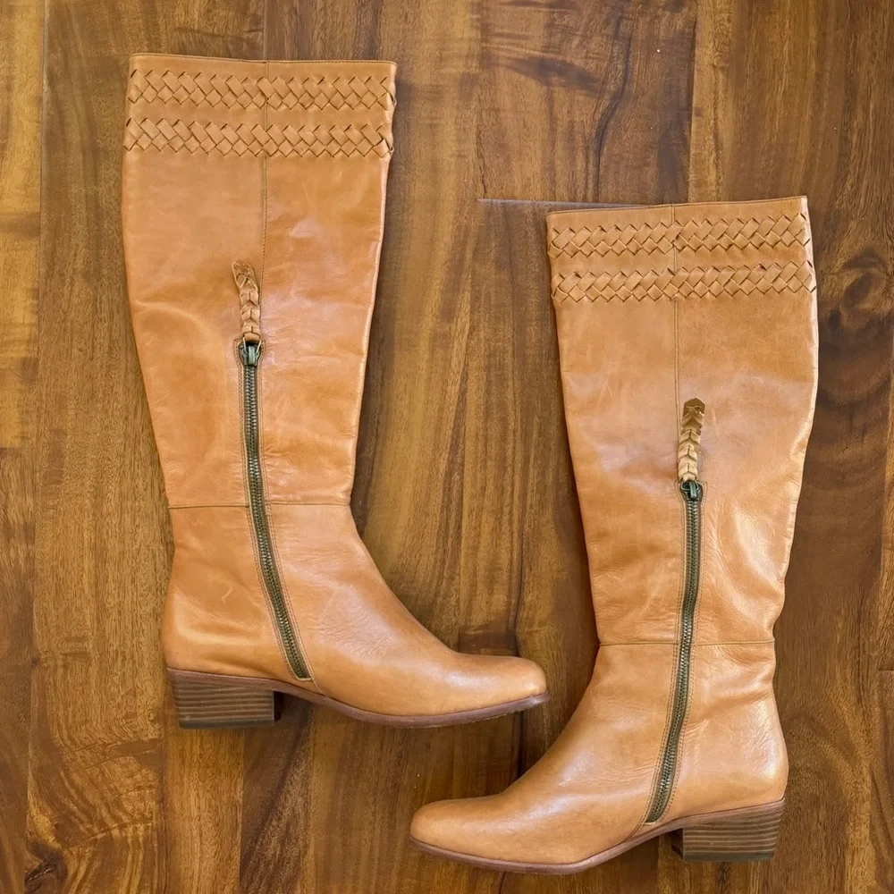 Tall Leather Braided Woven-Trim Riding Boots - Caramel Brown/Tan Women’s Size 38